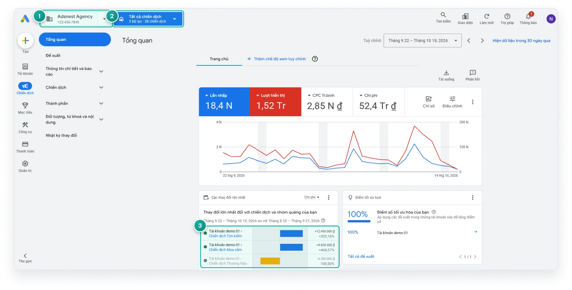 Màn hình tổng quan tài khoản người quản lý (MCC) trong Google Ads