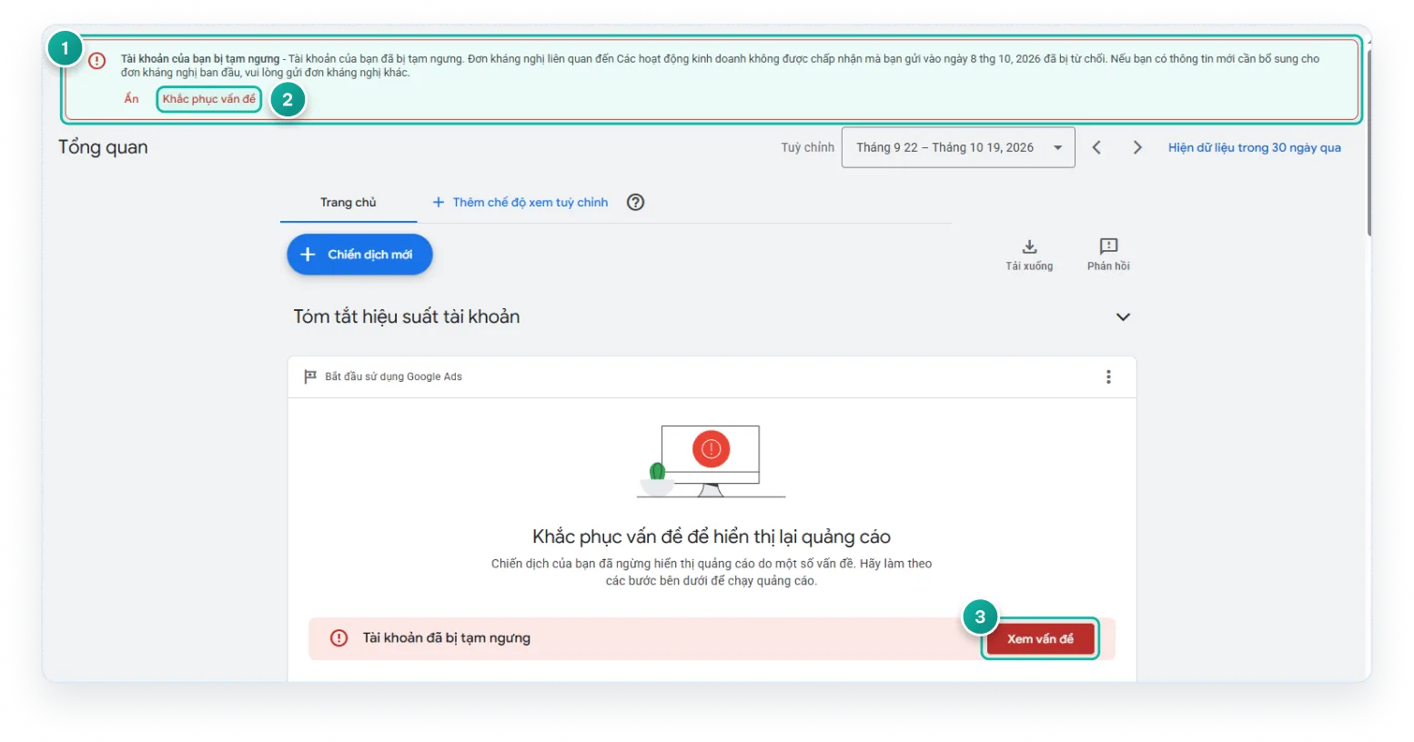 Account suspension notice in Google Ads (Vietnamese interface)